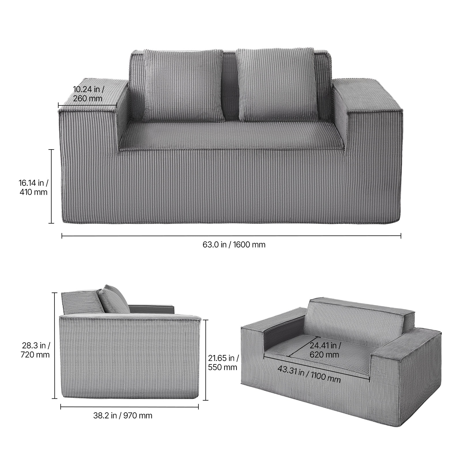 Loveseat Sofa, 63-Inch 2-Seats Couch For Living Room, Modern Small Corduroy Couch With Pocket Springs, Soft Cushions, Comfy Loveseat For Bedroom, Office Or Apartment, No Assembly Required, Gray_maomaolike.com
